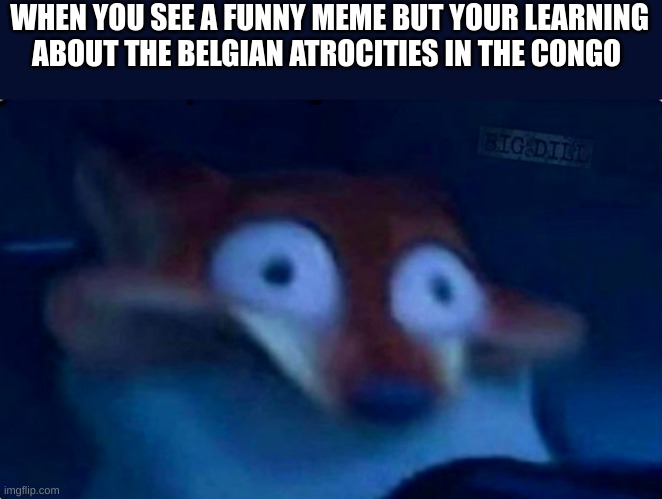 Nick Wilde | WHEN YOU SEE A FUNNY MEME BUT YOUR LEARNING ABOUT THE BELGIAN ATROCITIES IN THE CONGO | image tagged in nick wilde | made w/ Imgflip meme maker