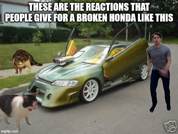 like come on lambo doors and a blower for 1.2 liter car like>:[ | THESE ARE THE REACTIONS THAT PEOPLE GIVE FOR A BROKEN HONDA LIKE THIS | image tagged in civic | made w/ Imgflip meme maker