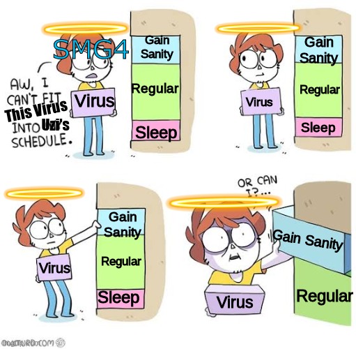 Smg4+Uzi=Chaos | Gain Sanity; SMG4; Gain Sanity; Regular; Regular; Virus; Virus; This Virus; Uzi's; Sleep; Sleep; Gain Sanity; Gain Sanity; Regular; Virus; Regular; Sleep; Virus | image tagged in schedule meme | made w/ Imgflip meme maker