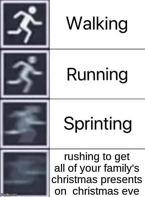 Walking, Running, Sprinting | rushing to get all of your family's christmas presents on  christmas eve | image tagged in walking running sprinting | made w/ Imgflip meme maker