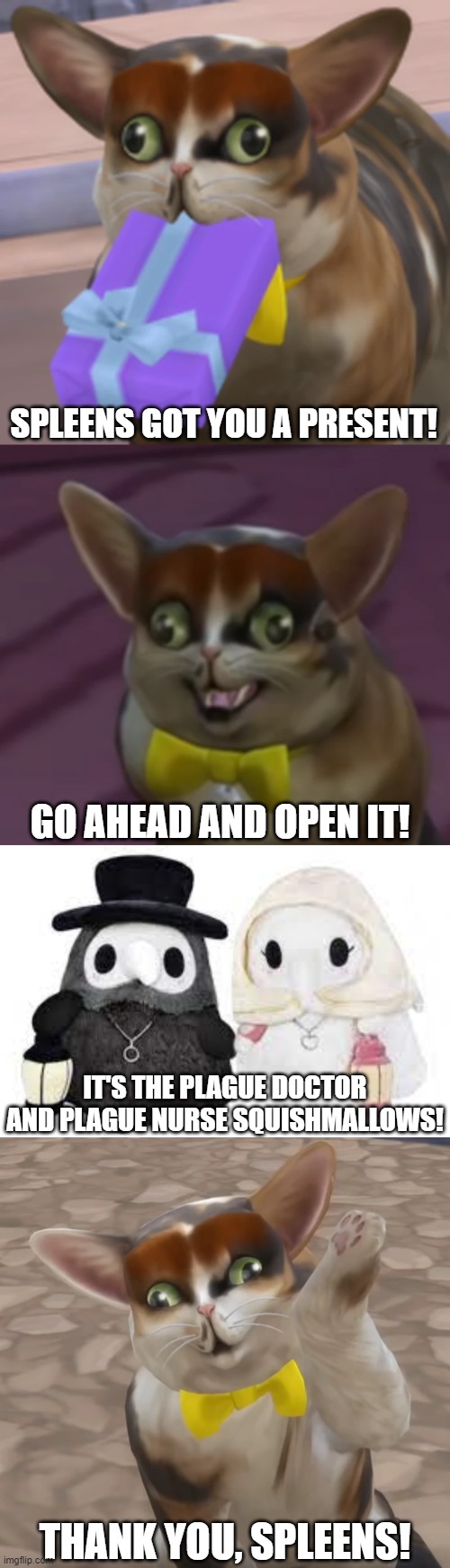 Spleens got you a present | SPLEENS GOT YOU A PRESENT! GO AHEAD AND OPEN IT! IT'S THE PLAGUE DOCTOR AND PLAGUE NURSE SQUISHMALLOWS! THANK YOU, SPLEENS! | image tagged in spleens the cat,graystillplays | made w/ Imgflip meme maker