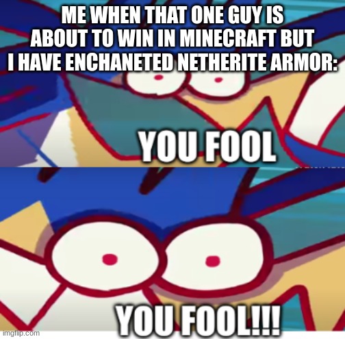 ... | ME WHEN THAT ONE GUY IS ABOUT TO WIN IN MINECRAFT BUT I HAVE ENCHANETED NETHERITE ARMOR: | image tagged in you f o o l | made w/ Imgflip meme maker