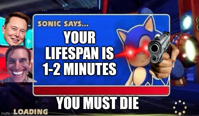 how | YOUR LIFESPAN IS 1-2 MINUTES; YOU MUST DIE | image tagged in sonic says | made w/ Imgflip meme maker