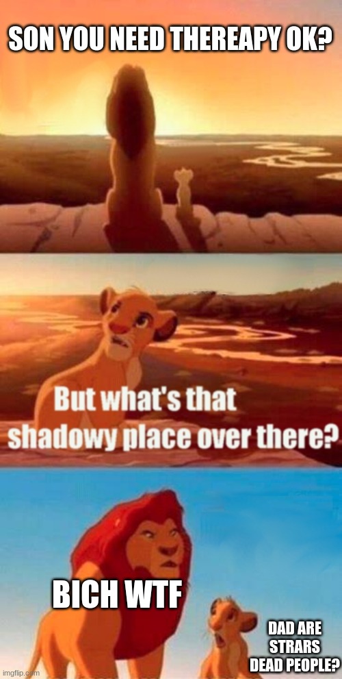 BICH WTF??? | SON YOU NEED THEREAPY OK? BICH WTF; DAD ARE STRARS DEAD PEOPLE? | image tagged in memes,simba shadowy place | made w/ Imgflip meme maker