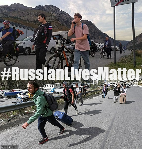 Just look at all these draft-age men, doing the sensible thing and getting the hell out of dodge. #Refugees #RussianLivesMatter | #RussianLivesMatter | image tagged in russian refugees flee into georgia,refugees,russian lives matter,russian,lives,matter | made w/ Imgflip meme maker