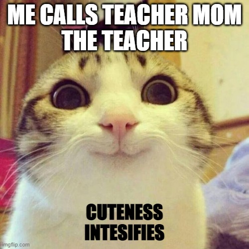 Smiling Cat Meme | ME CALLS TEACHER MOM
THE TEACHER; CUTENESS INTESIFIES | image tagged in memes,smiling cat | made w/ Imgflip meme maker