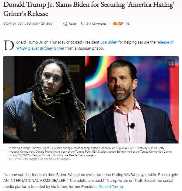 Donald Trump Jr. slams Biden for Brittney Griner Blank Meme Template