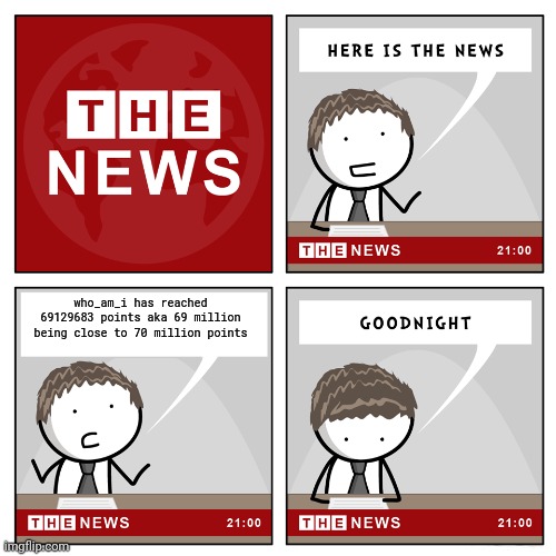 the news | who_am_i has reached 69129683 points aka 69 million being close to 70 million points | image tagged in the news | made w/ Imgflip meme maker