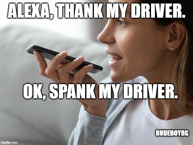 Alexa Thank My Driver |  ALEXA, THANK MY DRIVER. OK, SPANK MY DRIVER. RUDEBOYRG | image tagged in alexa,amazon echo,amazon delivery,thank my driver | made w/ Imgflip meme maker
