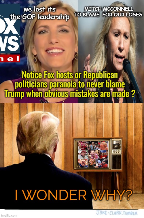 Game of MAGA | we lost its the GOP leadership; MITCH MCCONNELL TO BLAME  FOR OUR LOSES; Notice Fox hosts or Republican politicians paranoia to never blame Trump when obvious mistakes are made ? I WONDER WHY? | image tagged in donald trump,maga,political meme,fear,orange | made w/ Imgflip meme maker