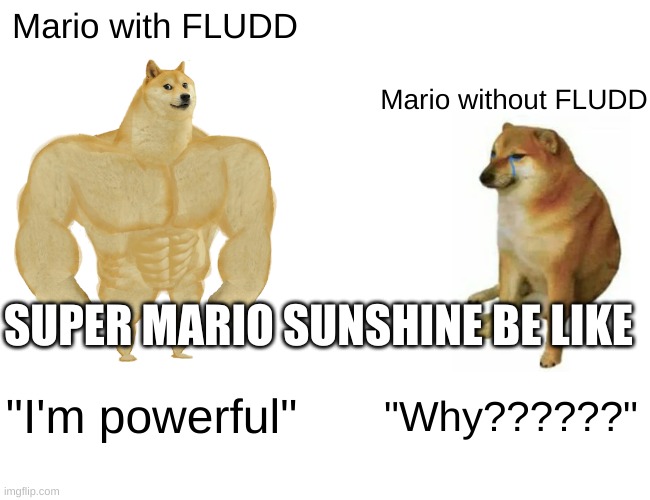 so true | Mario with FLUDD; Mario without FLUDD; SUPER MARIO SUNSHINE BE LIKE; "I'm powerful"; "Why??????" | image tagged in memes,buff doge vs cheems | made w/ Imgflip meme maker