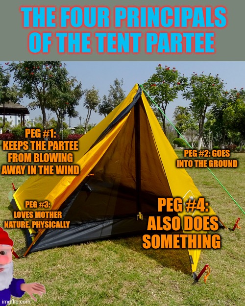 Vote tent partee | THE FOUR PRINCIPALS OF THE TENT PARTEE; PEG #1: KEEPS THE PARTEE FROM BLOWING AWAY IN THE WIND; PEG #2: GOES INTO THE GROUND; PEG #4: ALSO DOES SOMETHING; PEG #3: LOVES MOTHER NATURE. PHYSICALLY | image tagged in tent,party,the newest party,also its pro camping | made w/ Imgflip meme maker