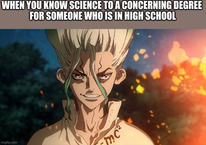 dr stone senku | WHEN YOU KNOW SCIENCE TO A CONCERNING DEGREE 
FOR SOMEONE WHO IS IN HIGH SCHOOL | image tagged in dr stone senku | made w/ Imgflip meme maker