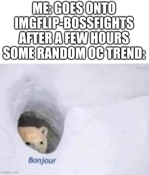 So. Many. Weird. TRENDS!!! | ME: GOES ONTO IMGFLIP-BOSSFIGHTS AFTER A FEW HOURS
SOME RANDOM OC TREND: | image tagged in bonjour,trends | made w/ Imgflip meme maker