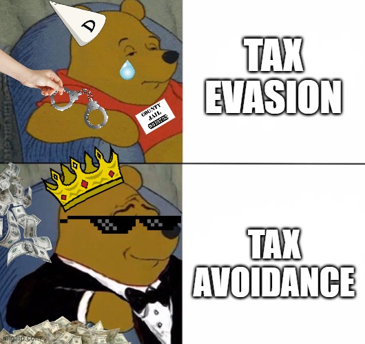 Tax Evasion vs Tax Avoidance | TAX EVASION; TAX AVOIDANCE | image tagged in taxes,money,income taxes,taxation is theft,let's raise their taxes | made w/ Imgflip meme maker