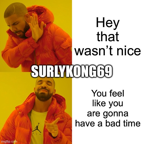 The rat is now back | Hey that wasn’t nice; SURLYKONG69; You feel like you are gonna have a bad time | image tagged in memes,drake hotline bling | made w/ Imgflip meme maker