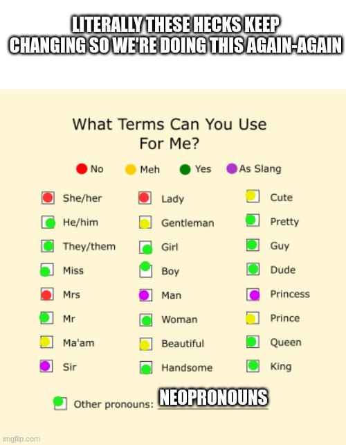 pronouns 3.0 | LITERALLY THESE HECKS KEEP CHANGING SO WE'RE DOING THIS AGAIN-AGAIN; NEOPRONOUNS | image tagged in pronouns sheet | made w/ Imgflip meme maker