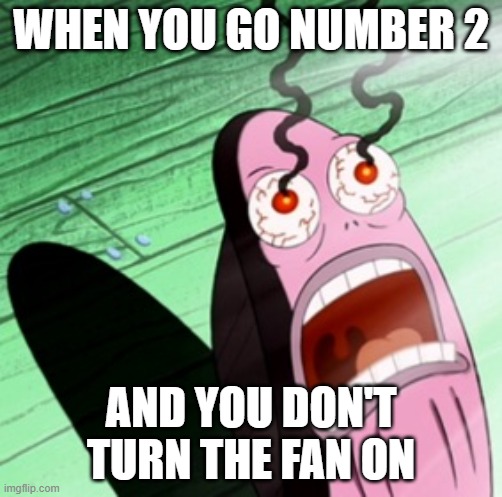 Technically eyes and nose, not just eyes | WHEN YOU GO NUMBER 2; AND YOU DON'T TURN THE FAN ON | image tagged in burning eyes,burning nose,bathroom humor,going number 2 | made w/ Imgflip meme maker