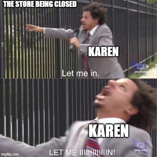 Karens when a store is closed be like: | THE STORE BEING CLOSED; KAREN; KAREN | image tagged in let me in | made w/ Imgflip meme maker