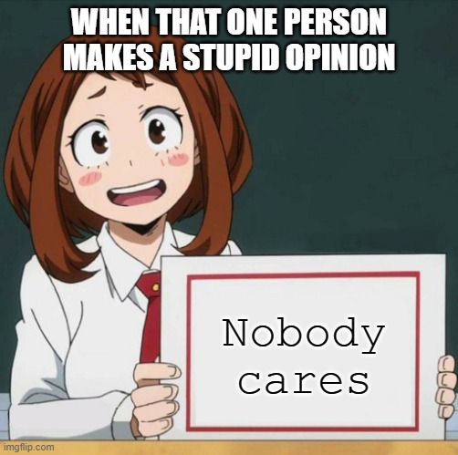 Uraraka Blank Paper | WHEN THAT ONE PERSON MAKES A STUPID OPINION; Nobody cares | image tagged in uraraka blank paper | made w/ Imgflip meme maker