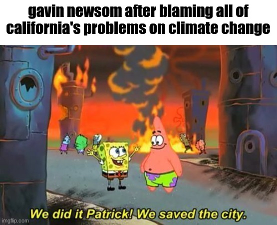 california | gavin newsom after blaming all of california's problems on climate change | image tagged in we did it patrick,california | made w/ Imgflip meme maker