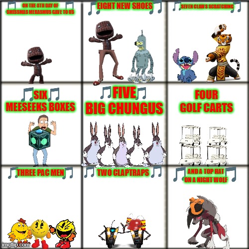 12 days of smissmas day 8 | EIGHT NEW SHOES; SEVEN CLAWS SCRATCHING; ON THE 8TH DAY OF SMISSMAS MERASMUS GAVE TO US; FIVE BIG CHUNGUS; SIX MEESEEKS BOXES; FOUR GOLF CARTS; AND A TOP HAT ON A NIGHT WOLF; TWO CLAPTRAPS; THREE PAC MEN | image tagged in blank comic panel 3x3,clown shoes,tf2,futurama,pacman,christmas | made w/ Imgflip meme maker