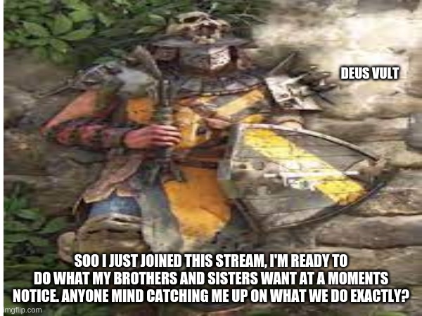 It would be helpful if someone told me what we do in the comments. Thank you. | DEUS VULT; SOO I JUST JOINED THIS STREAM, I'M READY TO DO WHAT MY BROTHERS AND SISTERS WANT AT A MOMENTS NOTICE. ANYONE MIND CATCHING ME UP ON WHAT WE DO EXACTLY? | image tagged in crusader | made w/ Imgflip meme maker