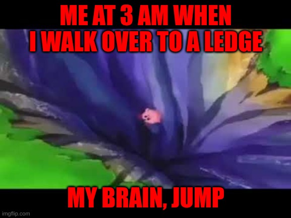 Jump | ME AT 3 AM WHEN I WALK OVER TO A LEDGE; MY BRAIN, JUMP | image tagged in kirby,jump | made w/ Imgflip meme maker