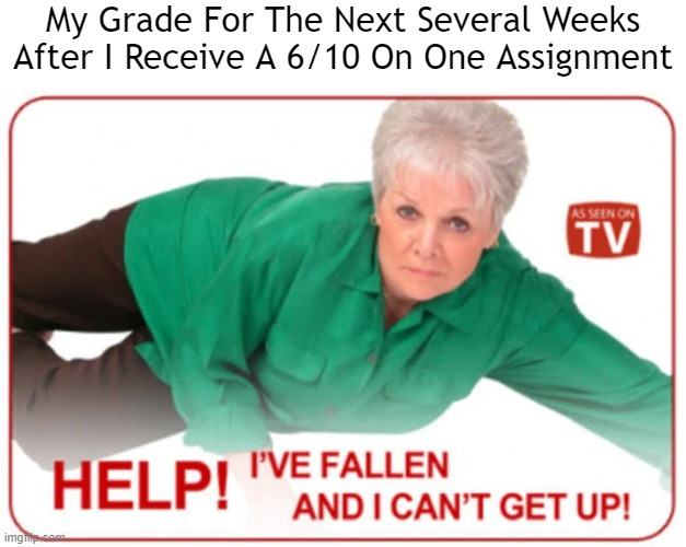 *Grade Plummets Into Oblivion* | My Grade For The Next Several Weeks After I Receive A 6/10 On One Assignment | image tagged in help i've fallen and i can't get up,school,memes,grades,bad grades,dang it | made w/ Imgflip meme maker