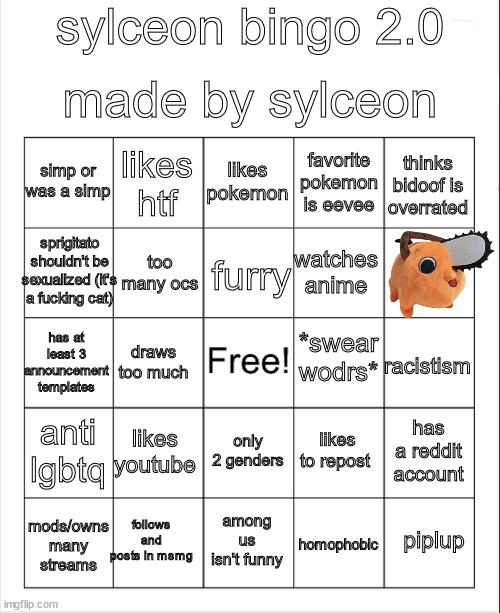 updated it | sylceon bingo 2.0; made by sylceon; likes pokemon; simp or was a simp; likes htf; thinks bidoof is overrated; favorite pokemon is eevee; sprigitato shouldn't be sexualized (it's a fucking cat); furry; watches anime; too many ocs; *swear wodrs*; has at least 3 announcement templates; racistism; draws too much; anti lgbtq; likes youtube; has a reddit account; likes to repost; only 2 genders; follows and posts in msmg; mods/owns many streams; piplup; among us isn't funny; homophobic | image tagged in blank bingo | made w/ Imgflip meme maker