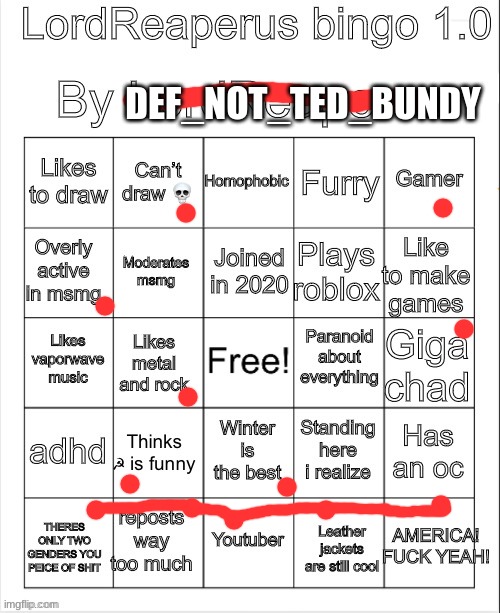 BINGO | DEF_NOT_TED_BUNDY | image tagged in lordreaperus bingo 1 0 | made w/ Imgflip meme maker