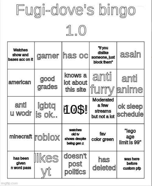 Blank Bingo | 1.0; Fugi-dove's bingo; has oc; gamer; asain; Watches show and bases acc on it; "if you dislike someone, just block them"; knows a lot about this site; anti anime; american; anti furry; good grades; Moderated a few streams but not a lot; 10$! anti u wodr; ok sleep schedule; lgbtq is ok.. minecraft; roblox; "lego age limit is 99"; fav color green; watches old tv shows despite being gen z; likes yt; was here before custom pfp; has been given n word pass; doesn't post politics; has deleted | image tagged in blank bingo | made w/ Imgflip meme maker