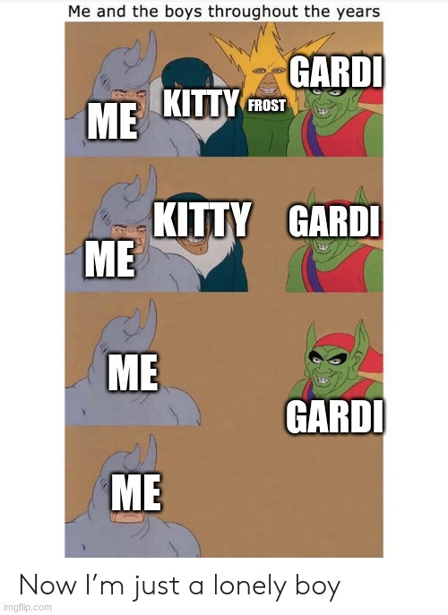 Me and The Boys throughout the Years | GARDI; KITTY; FROST; ME; GARDI; KITTY; ME; ME; GARDI; ME | image tagged in me and the boys throughout the years | made w/ Imgflip meme maker