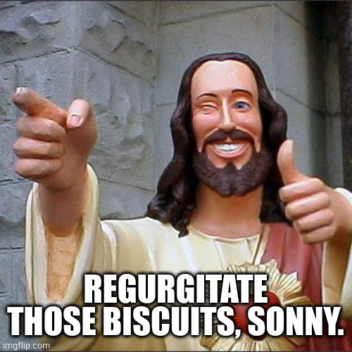 Buddy Christ Meme | REGURGITATE THOSE BISCUITS, SONNY. | image tagged in memes,buddy christ | made w/ Imgflip meme maker