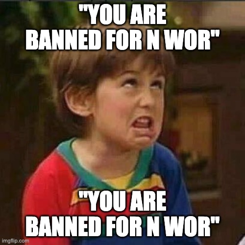 Very Mature Kid | "YOU ARE BANNED FOR N WOR"; "YOU ARE BANNED FOR N WOR" | image tagged in very mature kid | made w/ Imgflip meme maker