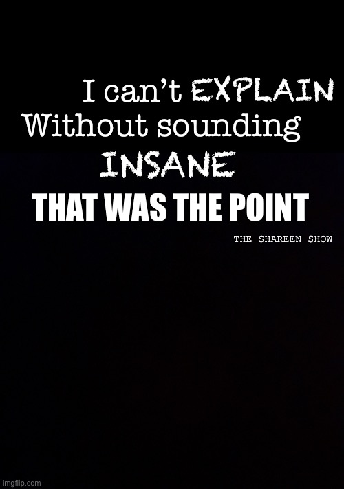 How can I | EXPLAIN; I can’t         Without sounding; INSANE; THAT WAS THE POINT; THE SHAREEN SHOW | image tagged in law,criminaljustice,poeticjustice,fighter,survivor,abuse | made w/ Imgflip meme maker