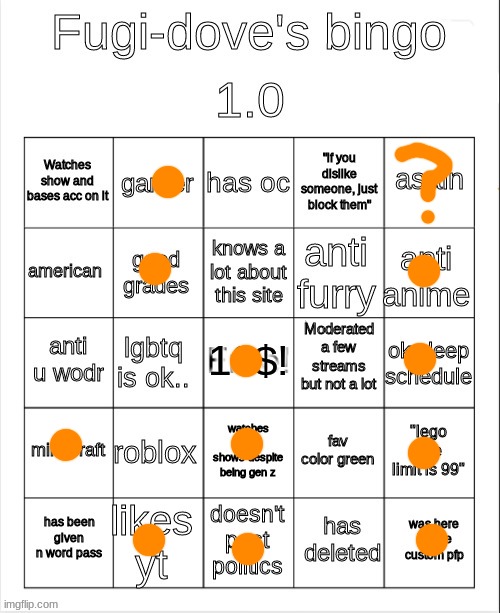 Bingo..? | image tagged in fugi-dove bingo 1 0 | made w/ Imgflip meme maker