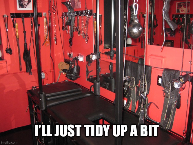 Hold on, Gimp | I’LL JUST TIDY UP A BIT | image tagged in dungeon a,tidy up,whip,chain | made w/ Imgflip meme maker