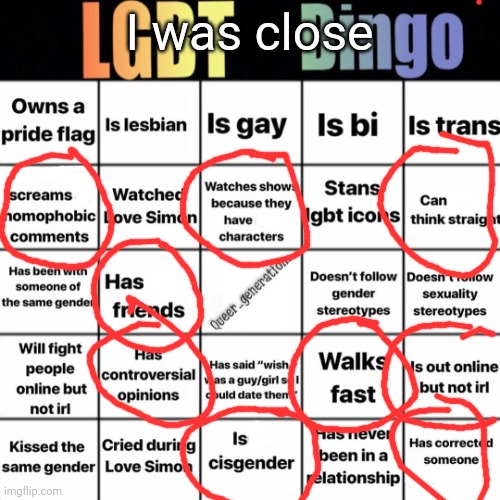 LGBTQ bingo | I was close | image tagged in lgbtq bingo | made w/ Imgflip meme maker