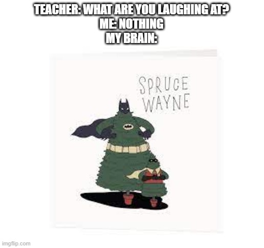 SPRUCE WAYNE | TEACHER: WHAT ARE YOU LAUGHING AT?
ME: NOTHING
MY BRAIN: | image tagged in blank white template | made w/ Imgflip meme maker