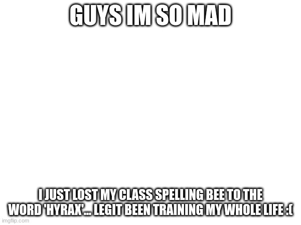 im so sad :(( at least my best friend won | GUYS IM SO MAD; I JUST LOST MY CLASS SPELLING BEE TO THE WORD 'HYRAX'... LEGIT BEEN TRAINING MY WHOLE LIFE :( | made w/ Imgflip meme maker