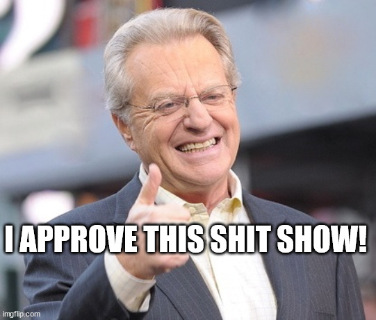 Jerry springer  | I APPROVE THIS SHIT SHOW! | image tagged in jerry springer | made w/ Imgflip meme maker