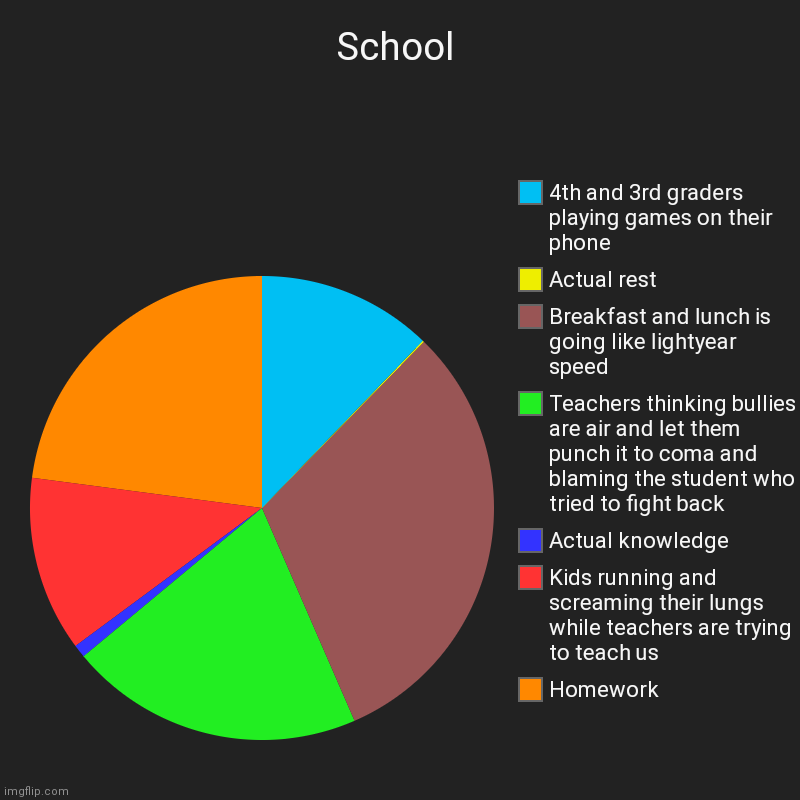 im not lying | School | Homework, Kids running and screaming their lungs while teachers are trying to teach us, Actual knowledge, Teachers thinking bullies | image tagged in charts,pie charts,school sucks | made w/ Imgflip chart maker