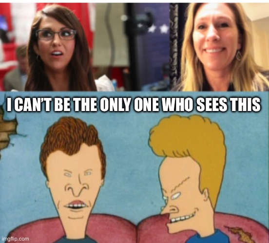 Margie & BobeHead | I CAN’T BE THE ONLY ONE WHO SEES THIS | image tagged in lauren bobert,marjorie taylor greene,beavis and butthead,funny memes | made w/ Imgflip meme maker