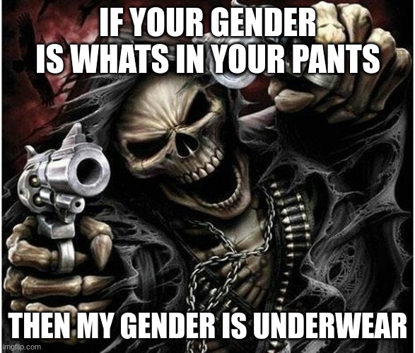 Badass Skeleton | IF YOUR GENDER IS WHATS IN YOUR PANTS; THEN MY GENDER IS UNDERWEAR | image tagged in badass skeleton | made w/ Imgflip meme maker