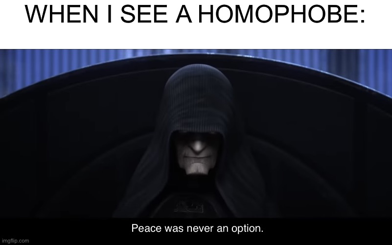 i made this new temp based on the bad batch season 2 trailer!!!!!! (star wars nerd) | WHEN I SEE A HOMOPHOBE: | image tagged in palpatine peace was never an option,homophobic | made w/ Imgflip meme maker