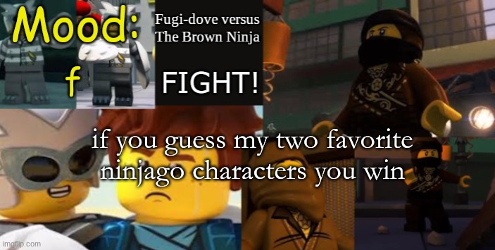 FDVTBN Temp 2.1 | f; if you guess my two favorite ninjago characters you win | image tagged in fdvtbn temp 2 1 | made w/ Imgflip meme maker