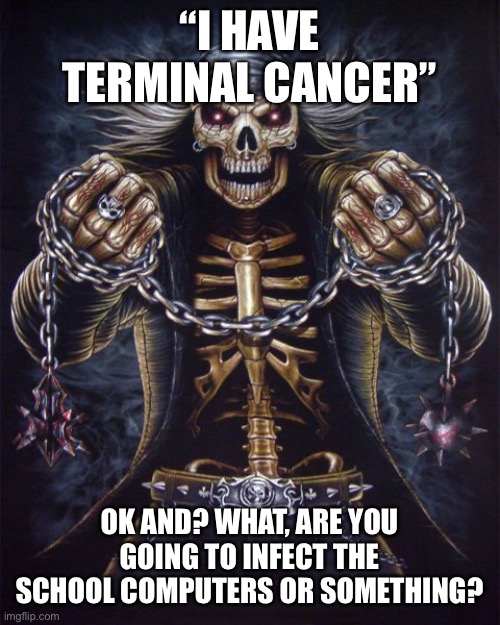 Badass skeleton | “I HAVE TERMINAL CANCER”; OK AND? WHAT, ARE YOU GOING TO INFECT THE SCHOOL COMPUTERS OR SOMETHING? | image tagged in badass skeleton,balls | made w/ Imgflip meme maker