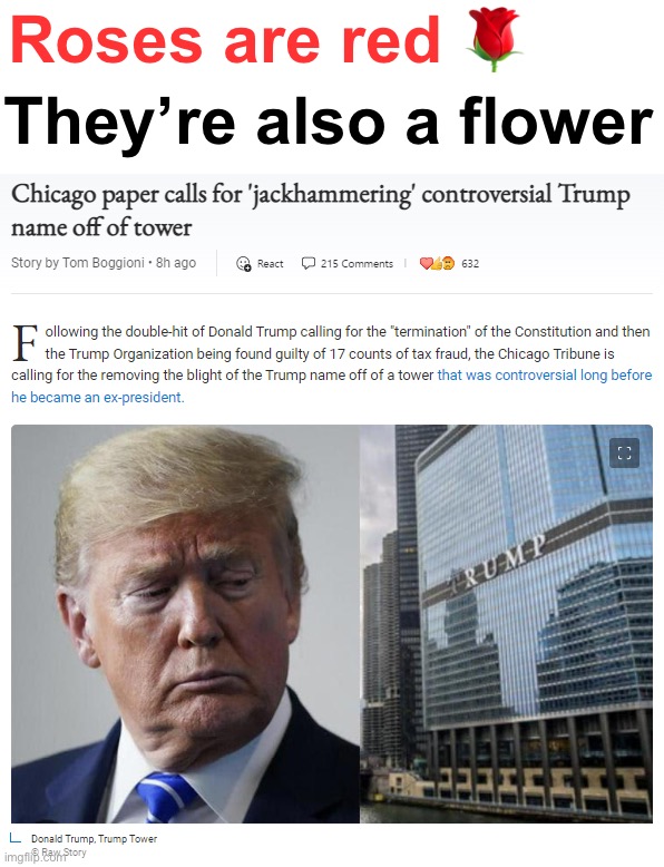 Trump tower jackhammer | Roses are red 🌹; They’re also a flower | image tagged in trump tower jackhammer | made w/ Imgflip meme maker