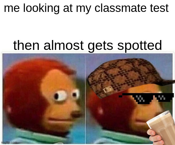 Monkey Puppet Meme | me looking at my classmate test; then almost gets spotted | image tagged in memes,monkey puppet | made w/ Imgflip meme maker